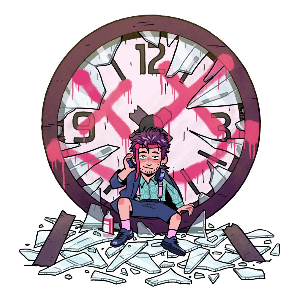 man sitting in a broken clock
