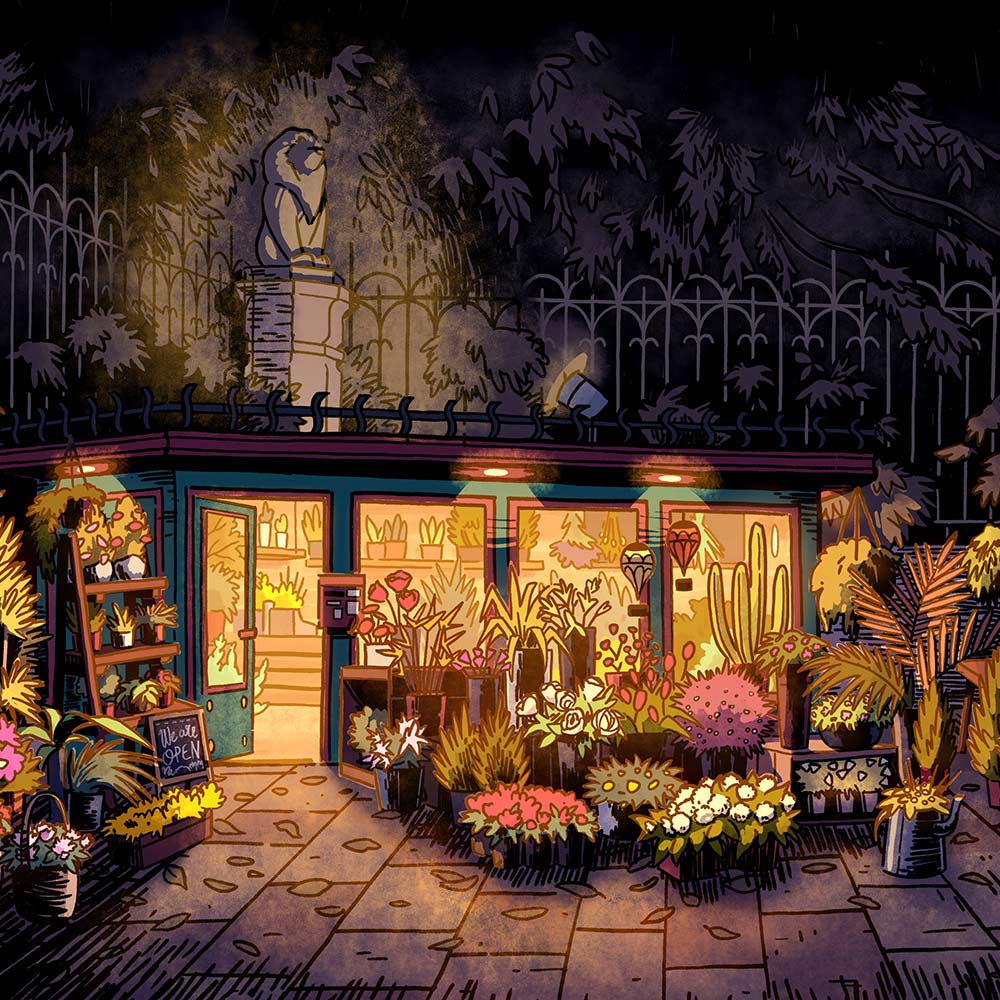 flowershop at night illustration